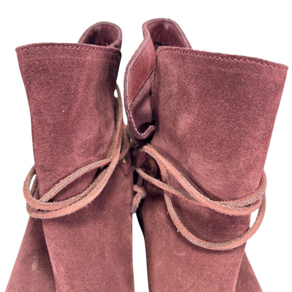 Sorel Womens Burgundy Suede Ankle Boots Wraparound Tassel Laces Low Block Heel - Picture 10 of 16